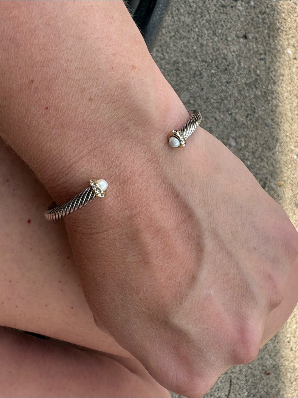David Yurmn Silver Twisted Cable Open Cuff Bracelet with Pearl size medium 7.5